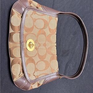 Coach Tan and Brown Shoulder Bag with Gold Turn-Lock